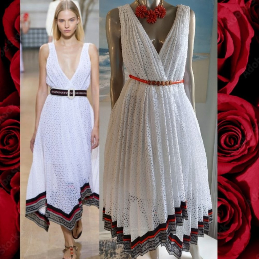$3990 OSCAR DE LA RENTA NEW GORGEOUS WHITE EYELET MIDI RUNWAY DRESS US 10 L